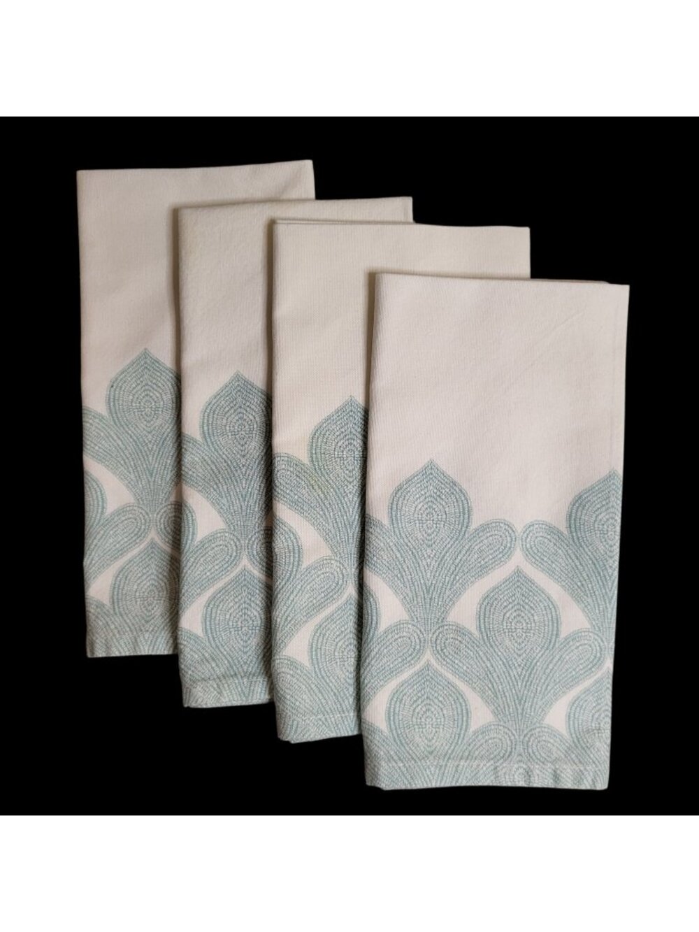 Set of 4 West Elm Fabric Napkins White/Turquoise Print 100% Cotton 20"x20"